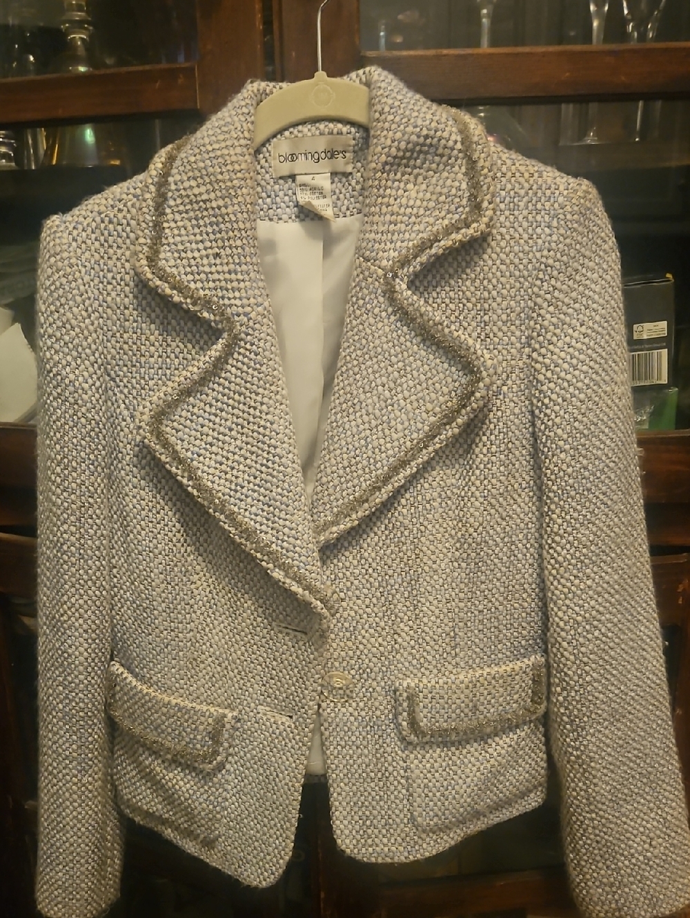 Bloomingdale's Cream and Light Gray Tweed Women's Blazer